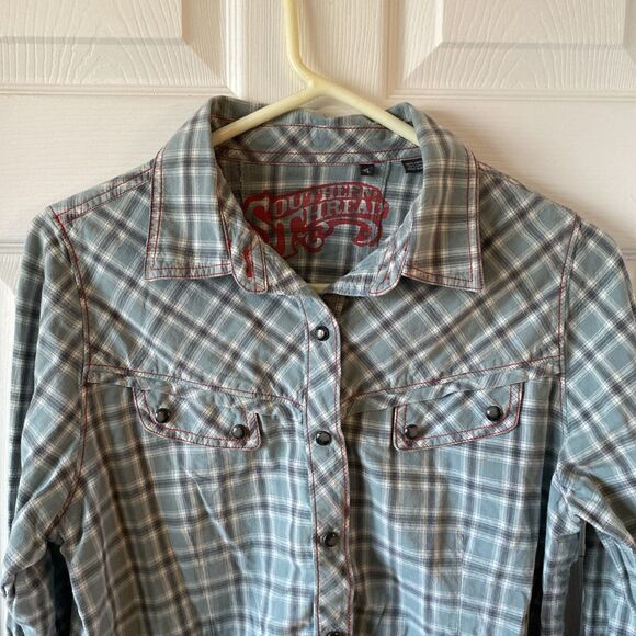 Southern Thread Women’s XL Pearl Snap Button Up Long Sleeve Shirt Plaid Western - Picture 3 of 15